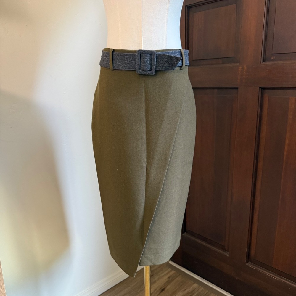 Stefanel Wrap‎ Skirt Pencil Modern Asymmetric Belted | Military Green | Size 4